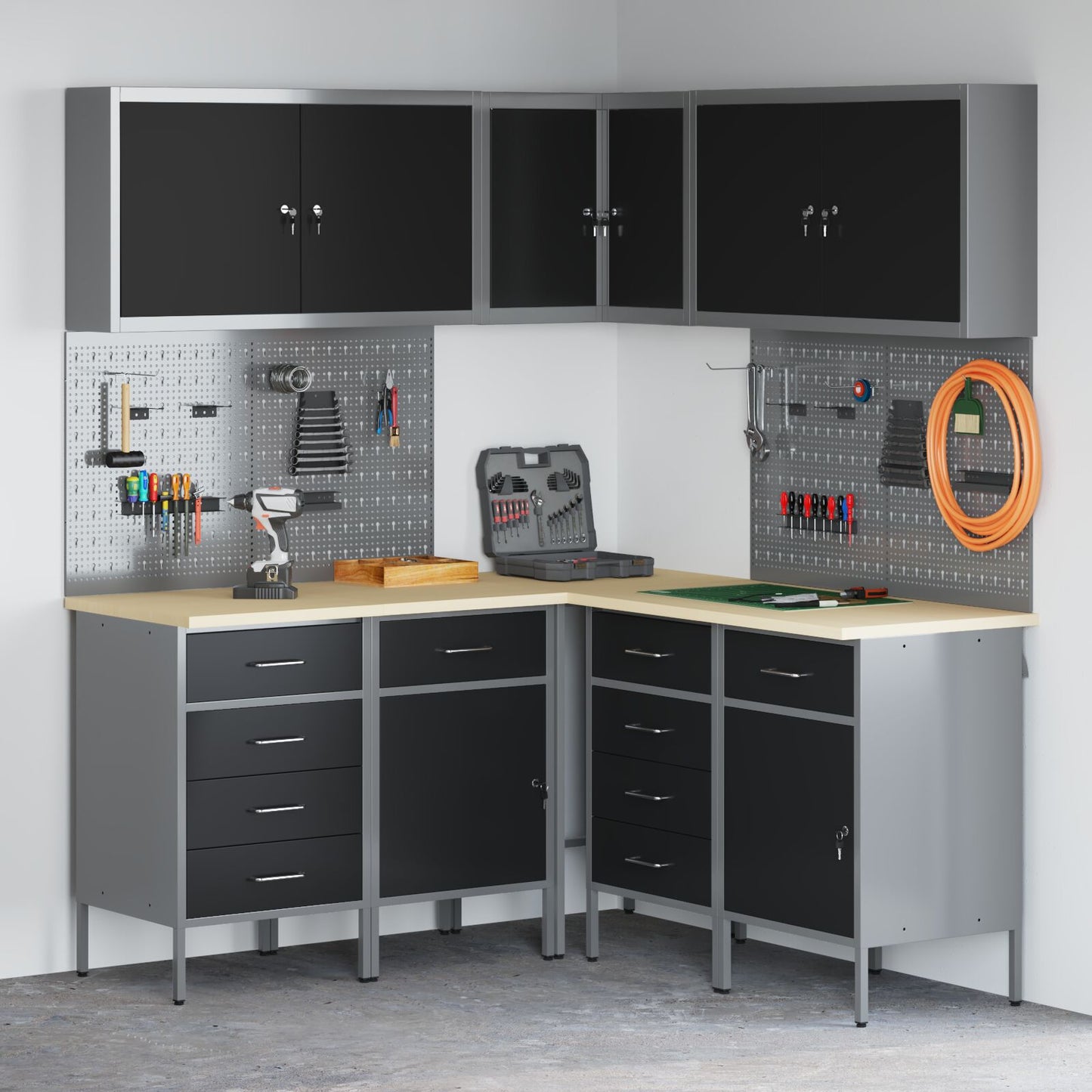Set De Birou Și Panou Cu Umerașe 12 Piese Negru Mdf Și Metal