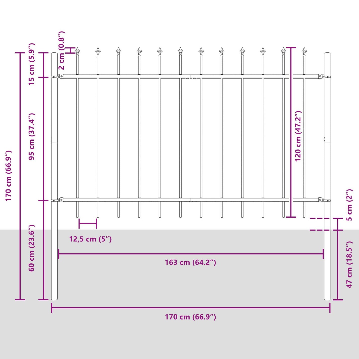 Gard Cu Vârf De Lance Gri 1,7X1,2 M Oțel