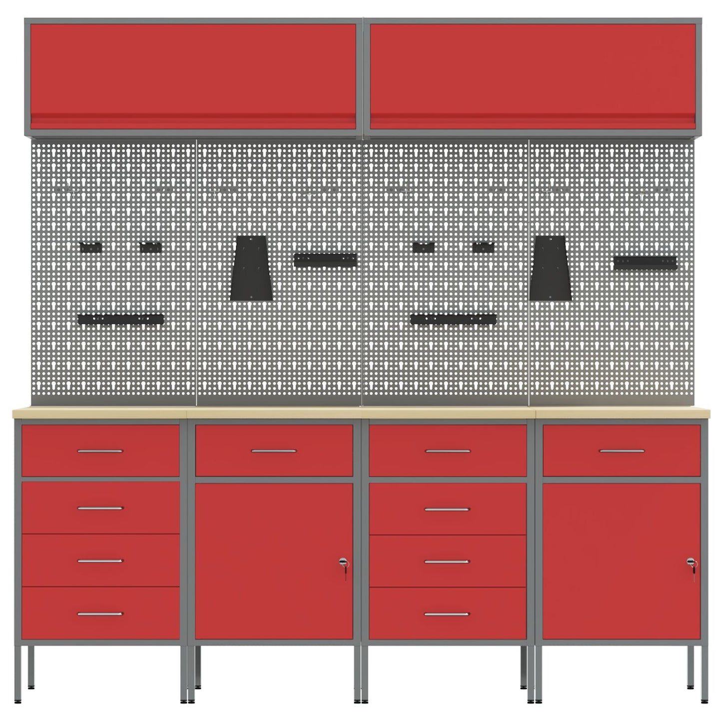Set Birou Și Panou 10 Piese Roșu Mdf Și Metal