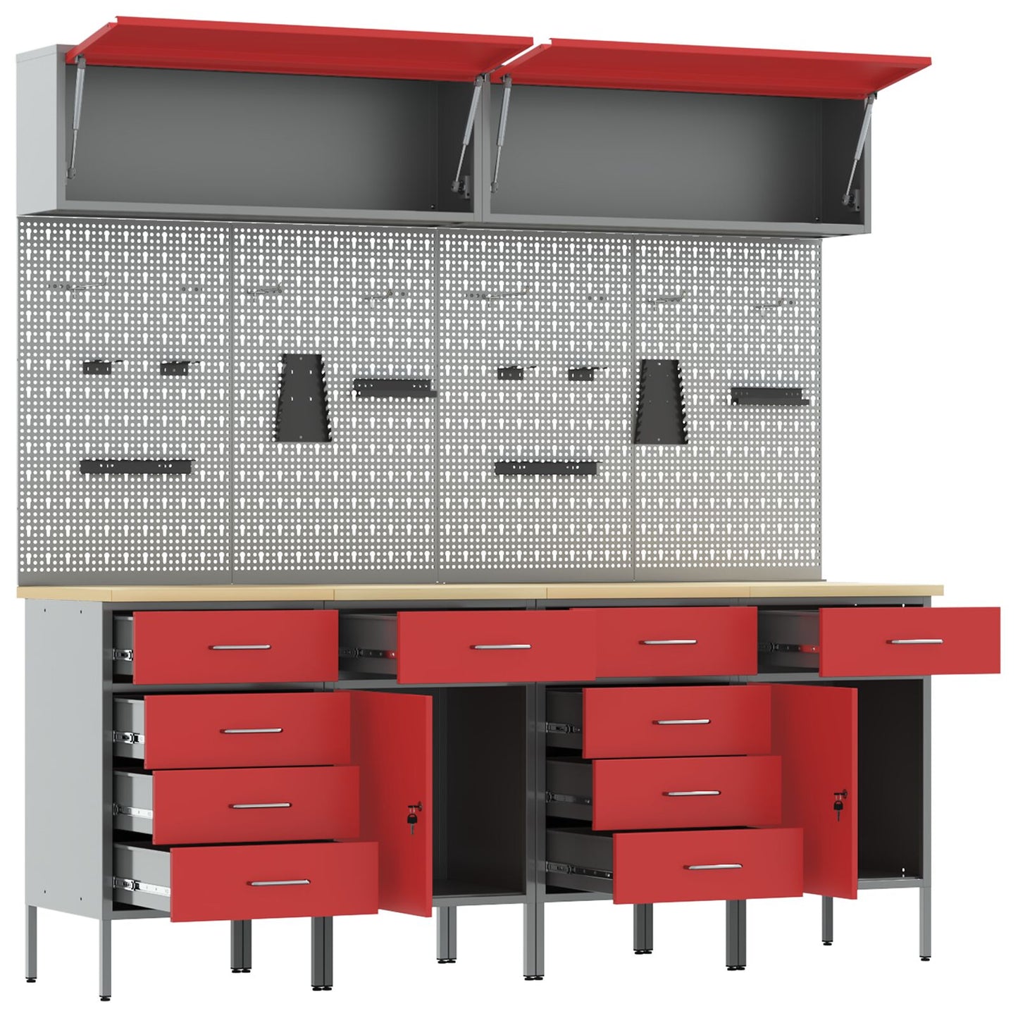 Set Birou Și Panou 10 Piese Roșu Mdf Și Metal