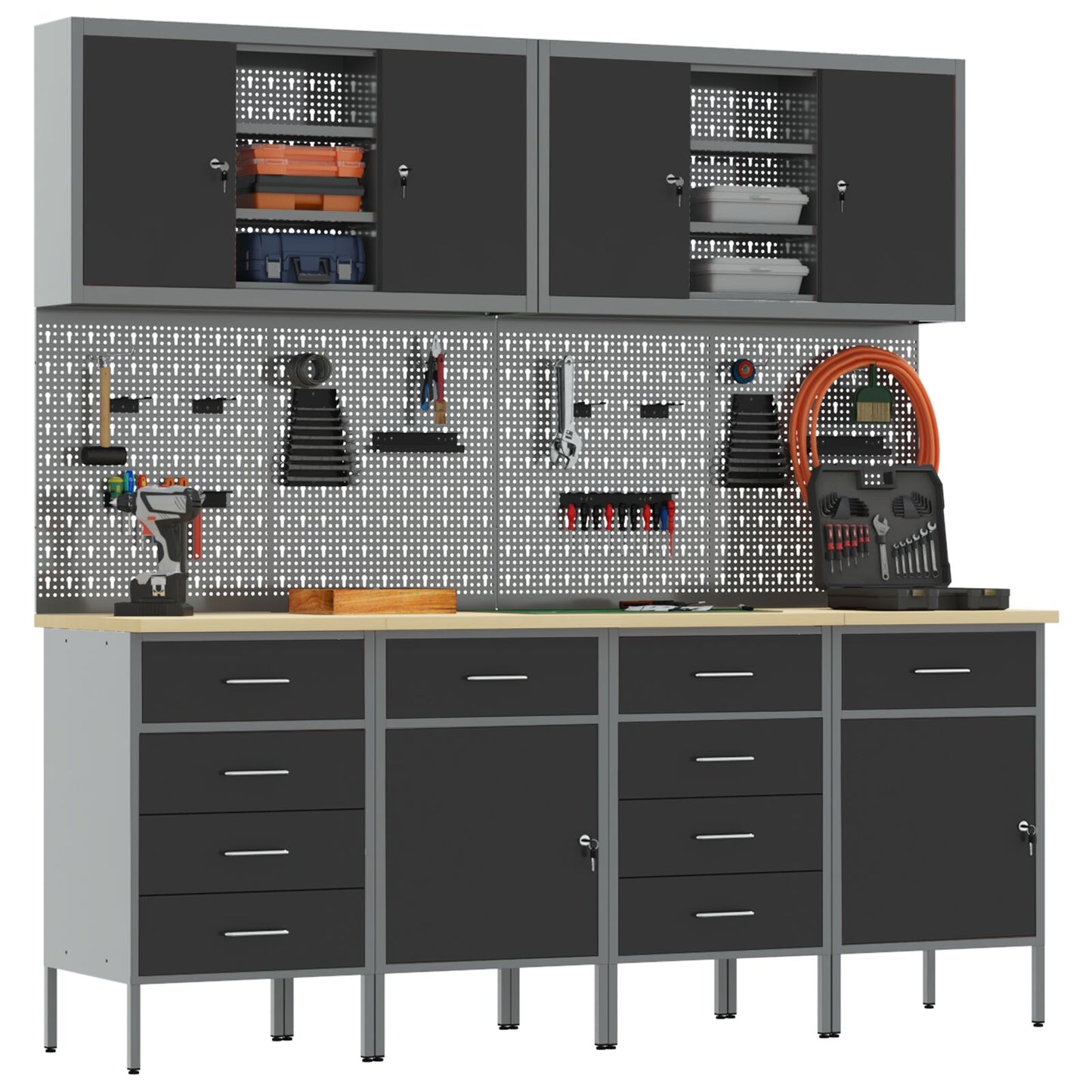 Set Birou Cu Pegboard , 10 Piese, Mdf Și Metal Negru