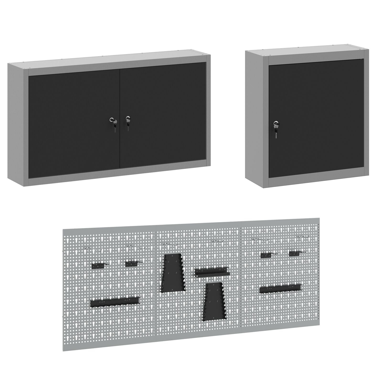 Set Birou Și Tablă Pegboard , 8 Piese, Mdf Negru Și Metal