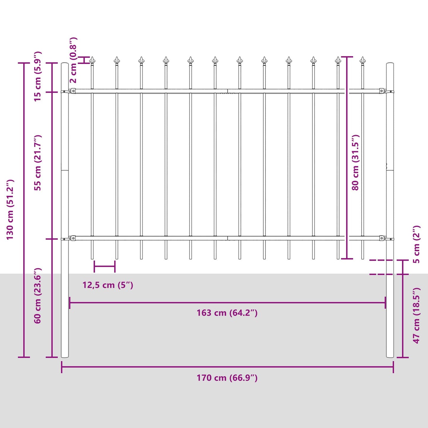 Gard  Cu Vârf De Lance Gri 1,7X0,8 M Oțel
