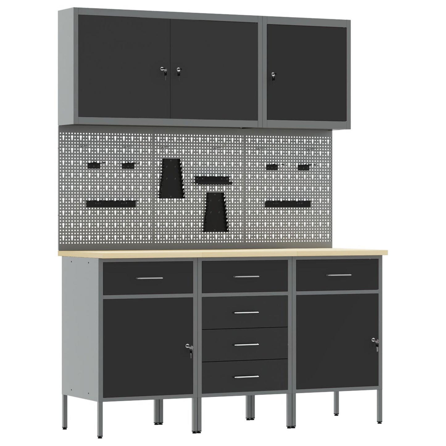 Set Birou Și Tablă Pegboard , 8 Piese, Mdf Negru Și Metal