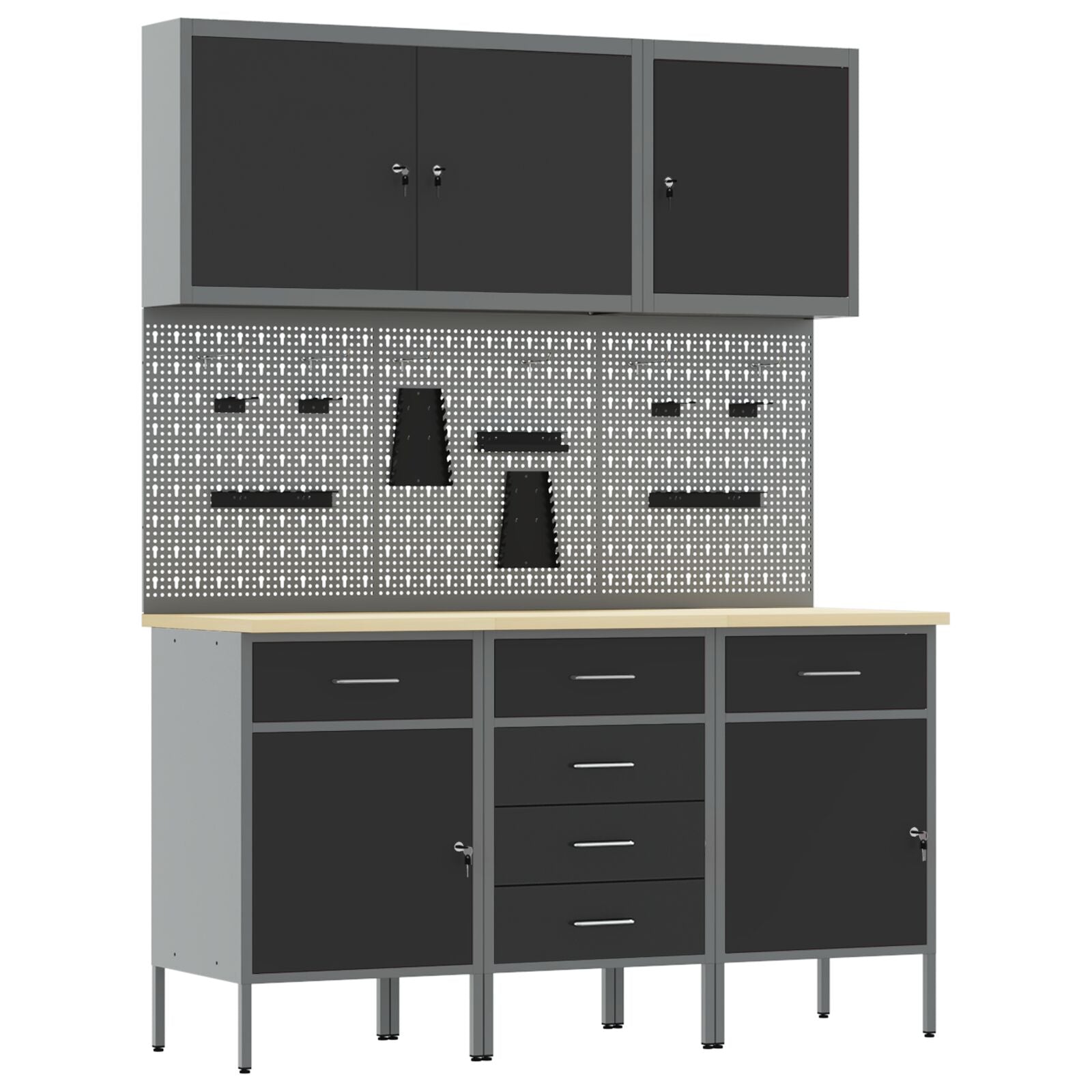 Set Birou Și Tablă Pegboard , 8 Piese, Mdf Negru Și Metal