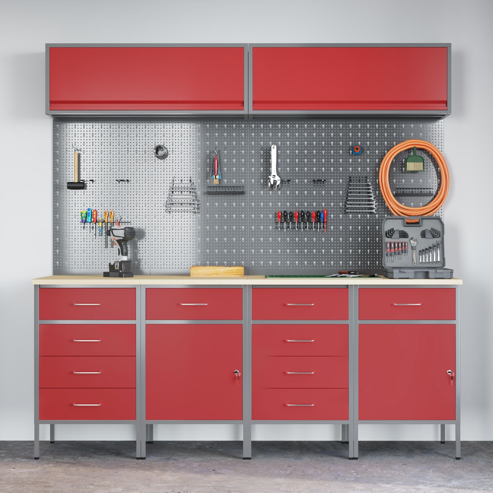 Set Birou Și Panou 10 Piese  Roșu Mdf Și Metal