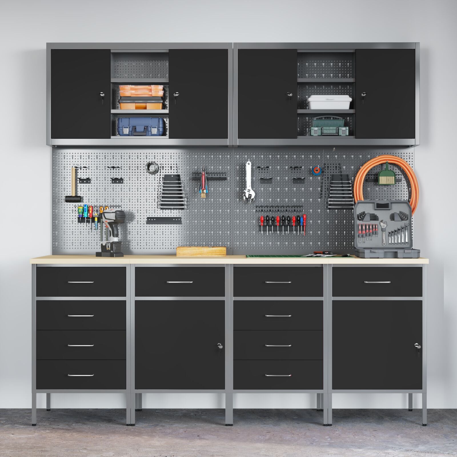 Set Birou Cu Pegboard , 10 Piese, Mdf Și Metal Negru