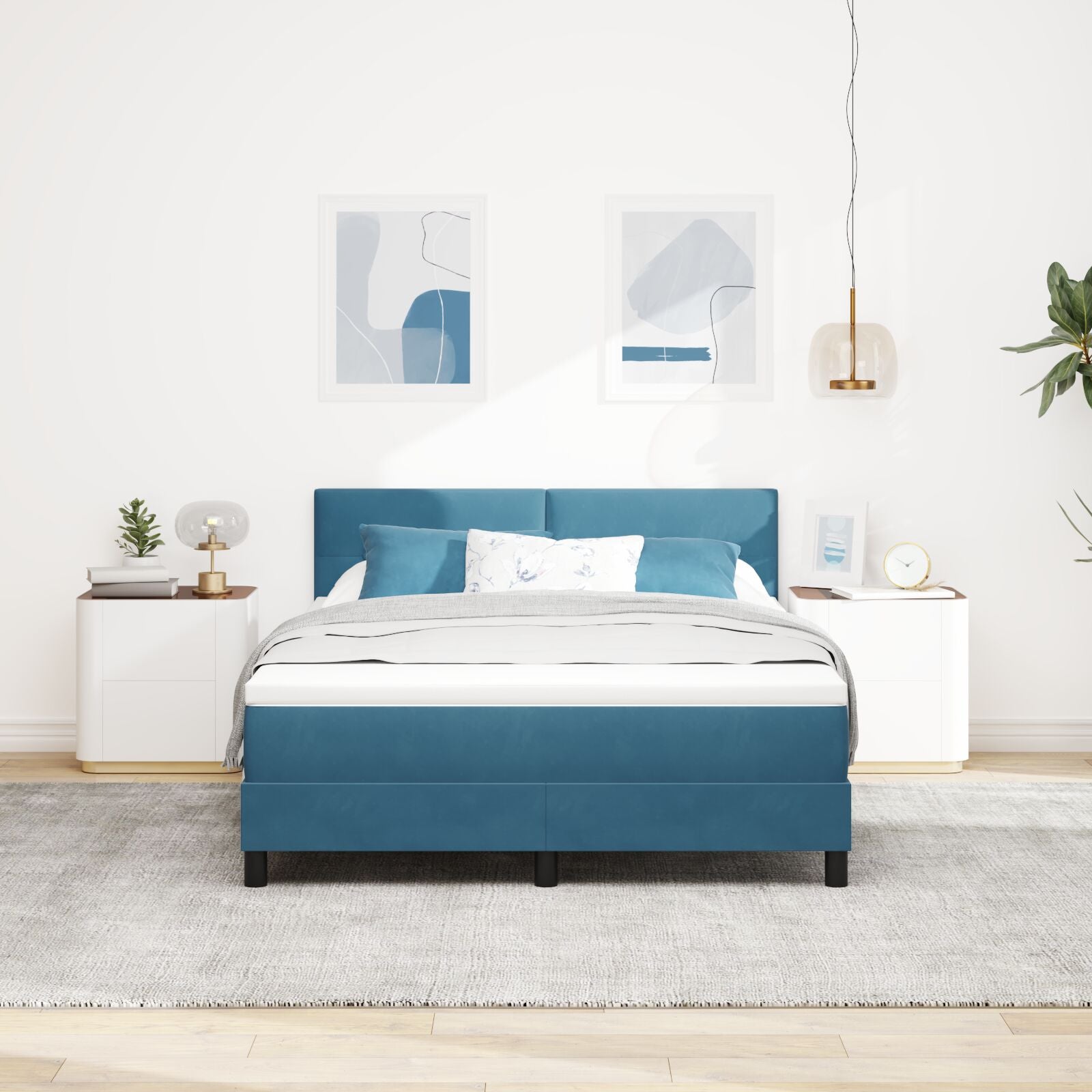 Pat Box Spring Cu Saltea Albastru Întunecat 160X200 Cm Catifea