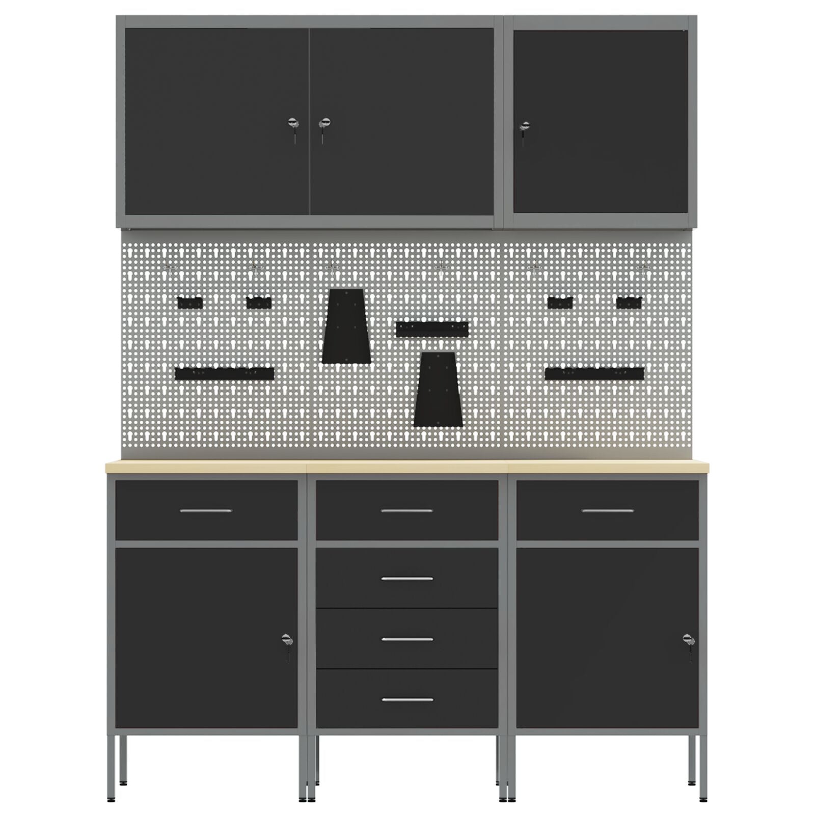 Set Birou Și Tablă Pegboard , 8 Piese, Mdf Negru Și Metal