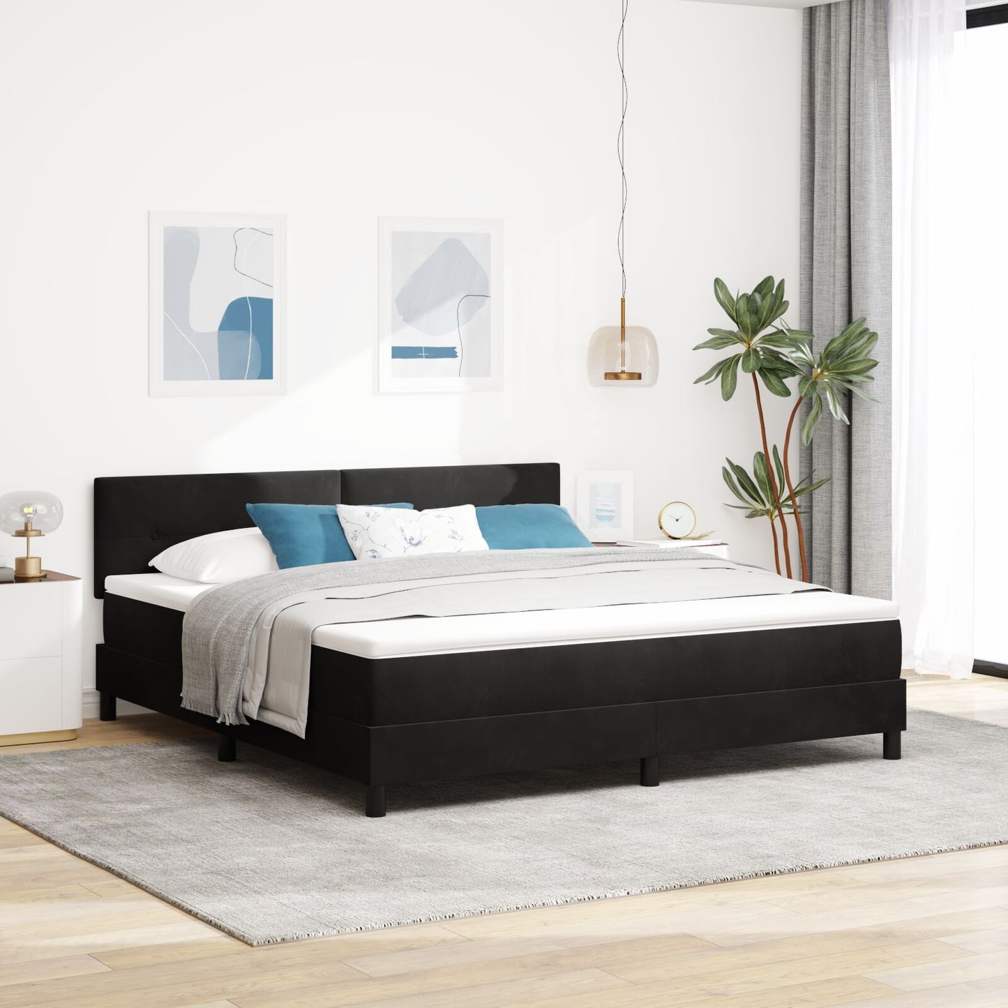 Pat Cu Saltea Tip Box Spring Negru Super King Catifea