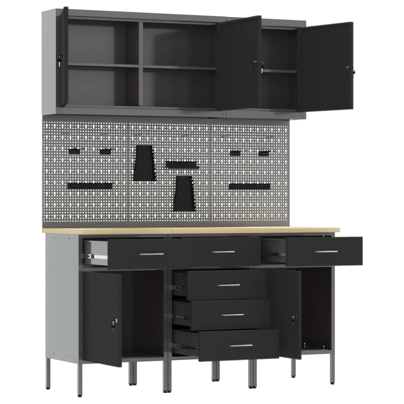 Set Birou Și Tablă Pegboard , 8 Piese, Mdf Negru Și Metal