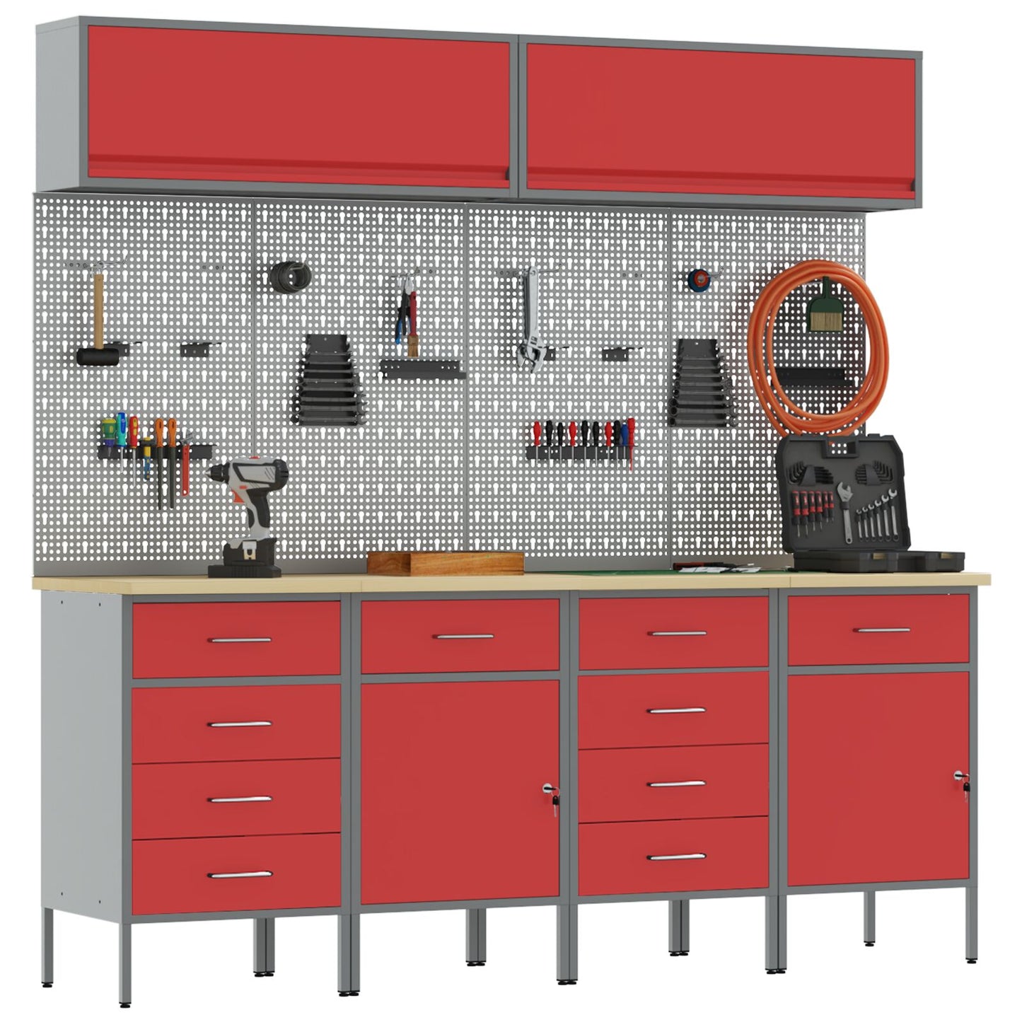Set Birou Și Panou 10 Piese  Roșu Mdf Și Metal