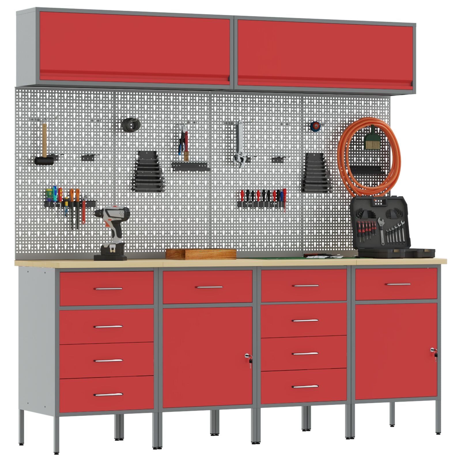 Set Birou Și Panou 10 Piese  Roșu Mdf Și Metal