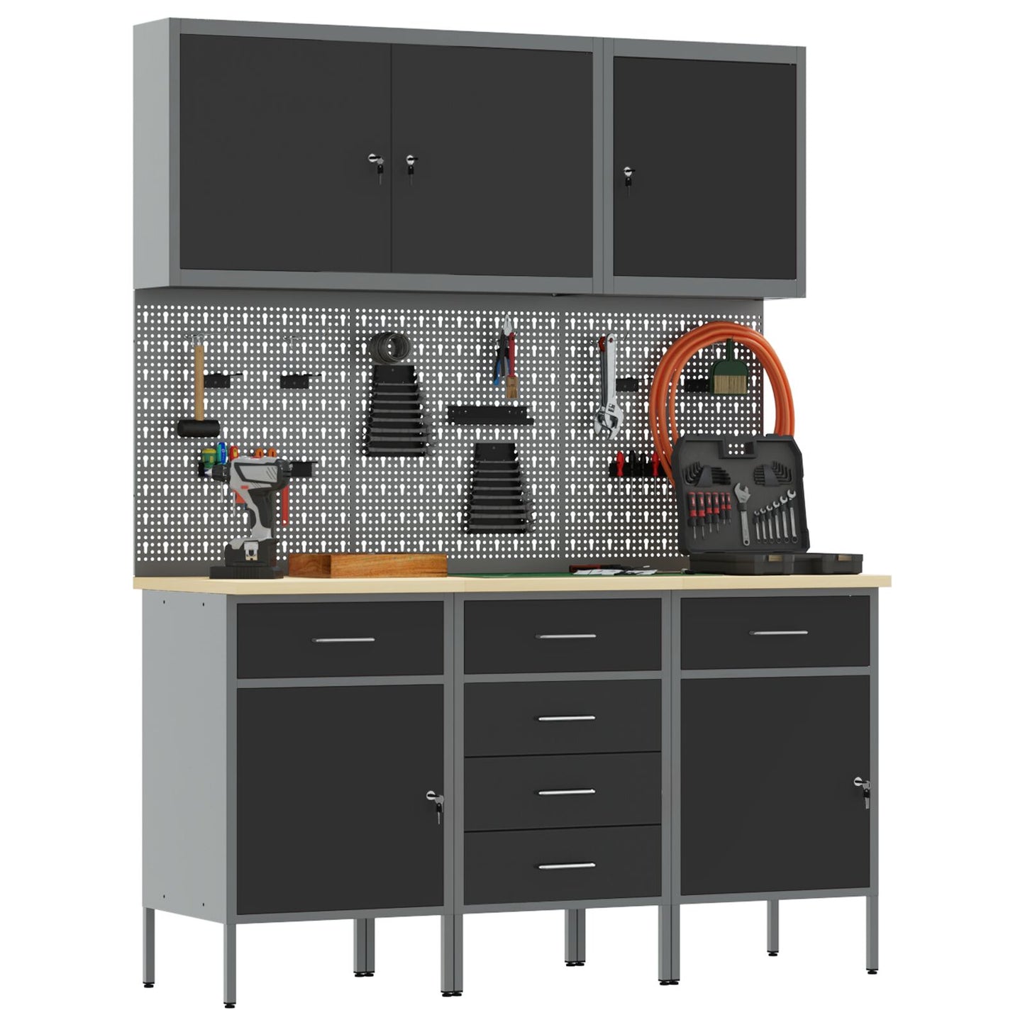 Set Birou Și Tablă Pegboard , 8 Piese, Mdf Negru Și Metal