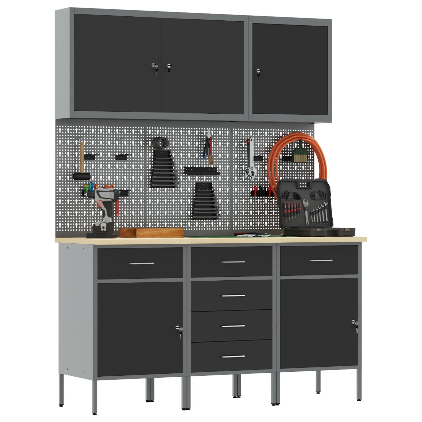 Set Birou Și Tablă Pegboard , 8 Piese, Mdf Negru Și Metal