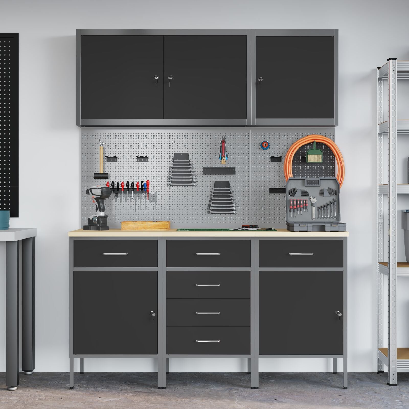 Set Birou Și Tablă Pegboard , 8 Piese, Mdf Negru Și Metal